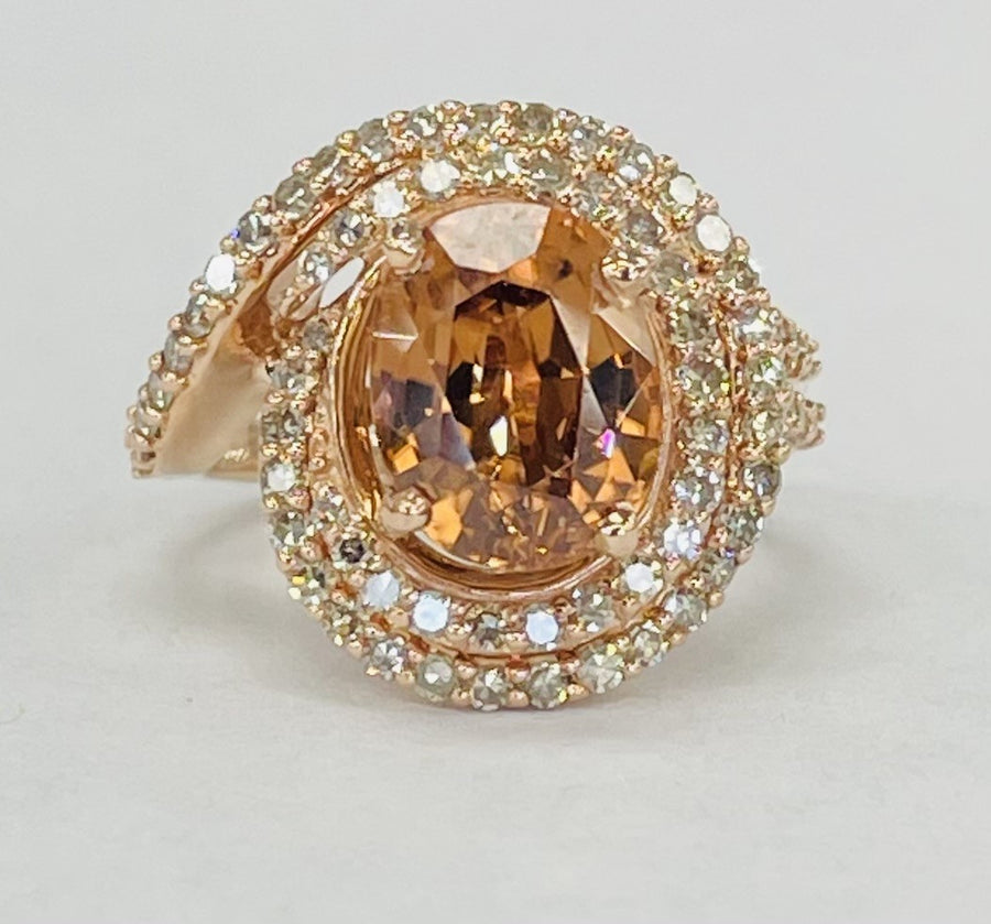 Rose Gold Double Halo Twist Orange Zircon And Diamond Ring