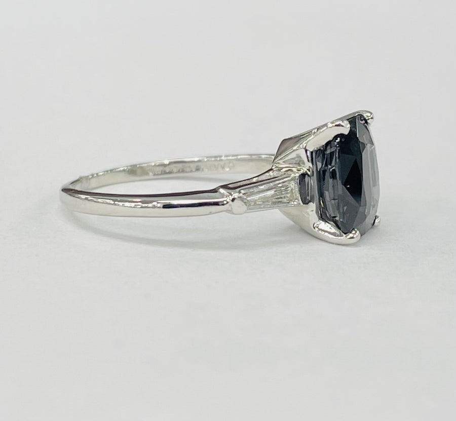 Platinum Deep Bluish Gray Spinel And Baguette Diamond Ring