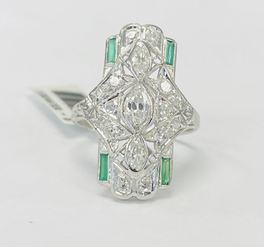 Art Deco Vintage Marquise Diamond And Emerald Ring