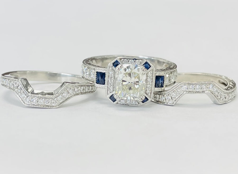 Estate Platinum 2.02CT Radiant Vintage Inspired Wedding Set
