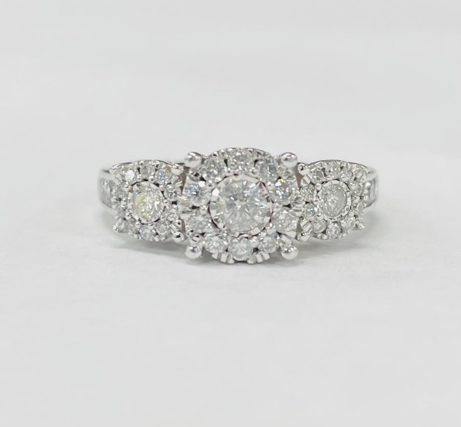 1CTW Three Stone Halo Accented Diamond Engagement Ring