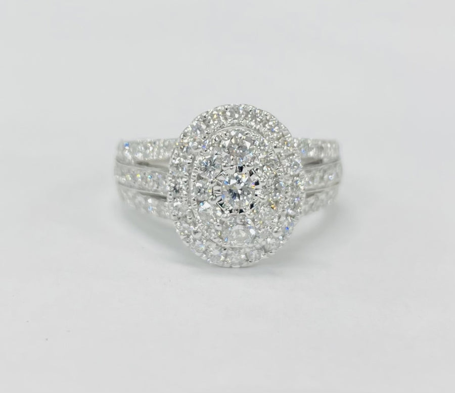Oval Diamond Halo Composite Triple Shank Engagement RIng