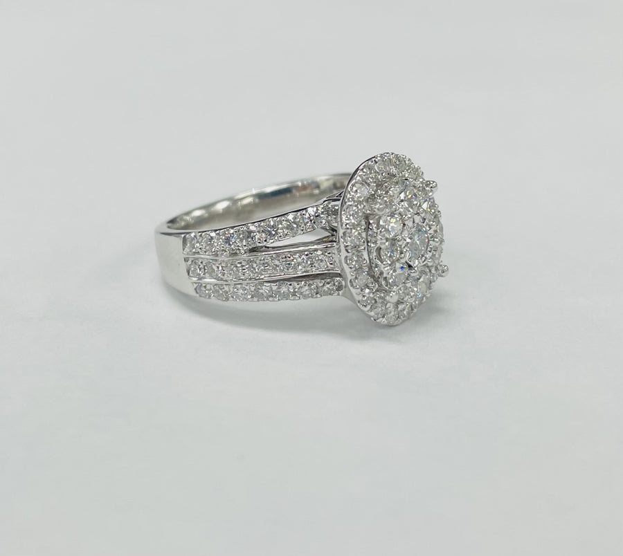 Oval Diamond Halo Composite Triple Shank Engagement RIng