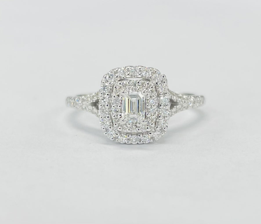 Emerald Cut Double Halo Diamond Split Shank Engagement Ring