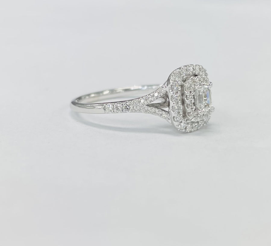 Emerald Cut Double Halo Diamond Split Shank Engagement Ring