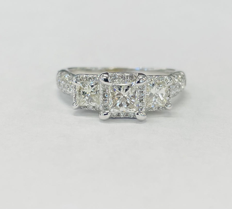 Three Stone Halo Princess Cut Diamond Engagement Ring
