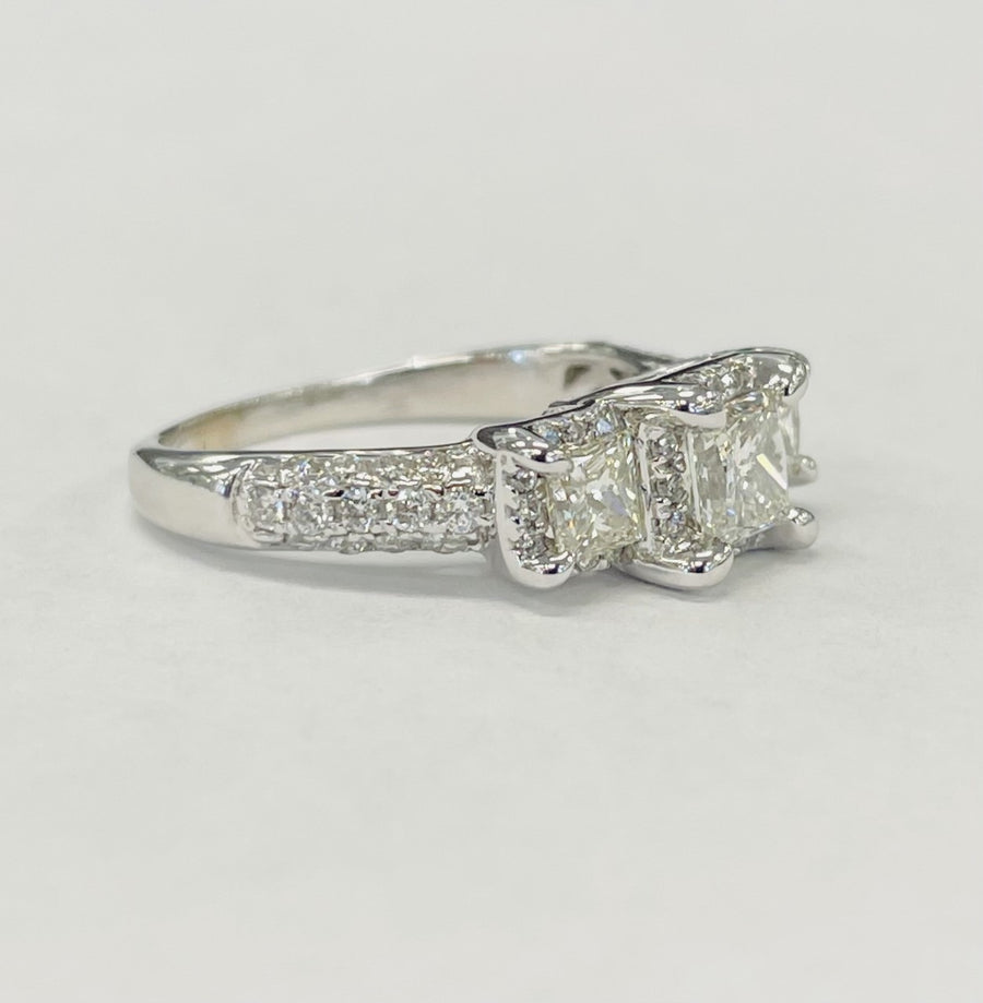 Three Stone Halo Princess Cut Diamond Engagement Ring