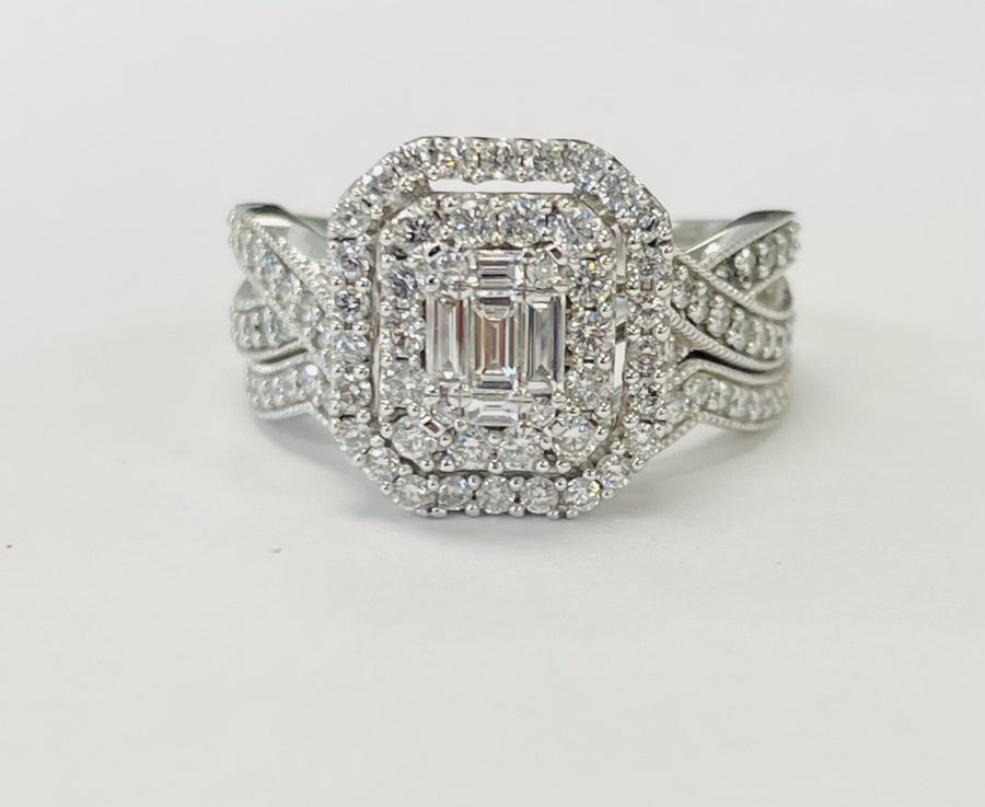 White Gold Double Halo Emerald Diamond Wedding Set