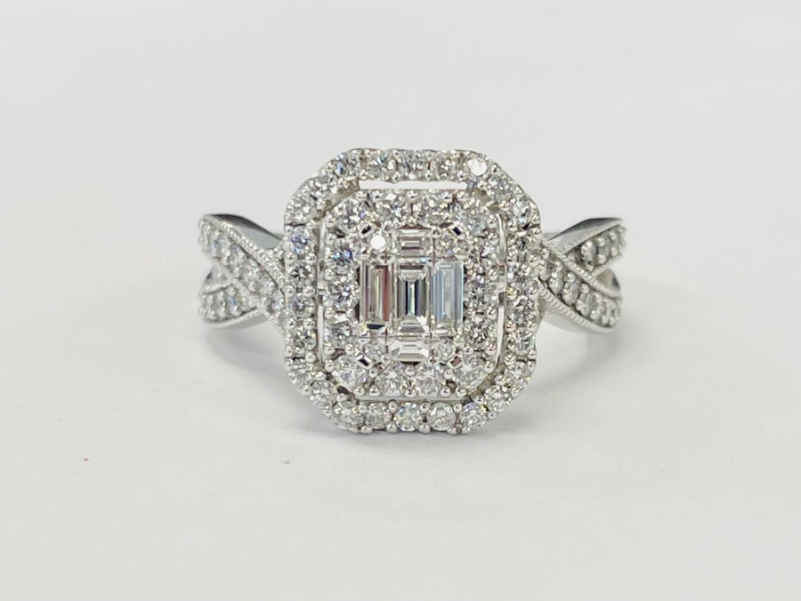 White Gold Double Halo Emerald Diamond Wedding Set