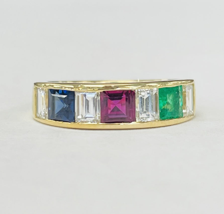 Exquisite 18KT Ruby,Emerald,Sapphire, And Dia Ring