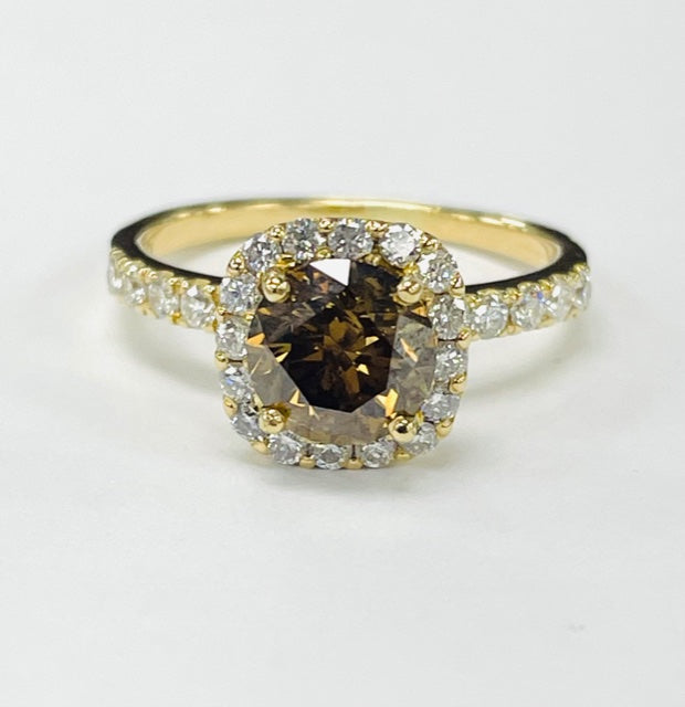 18KT Yellow Gold 2CT Chocolate Diamond Halo Engagement Ring