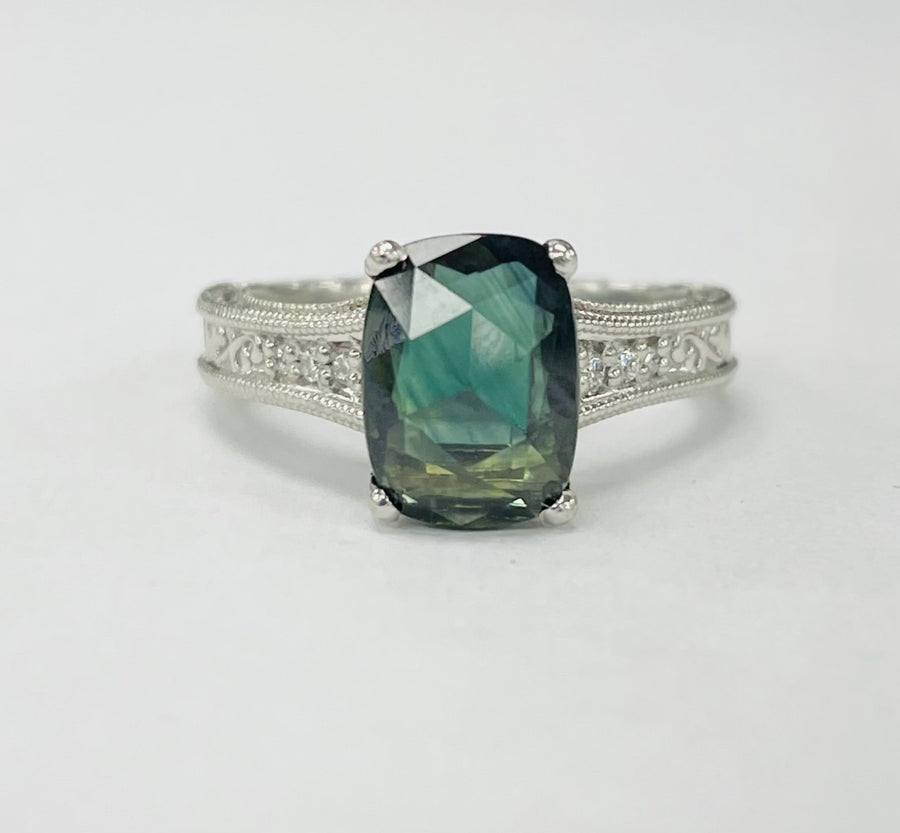 2.99CT Teal Bi-Color Sapphire And Diamond Platinum Ring
