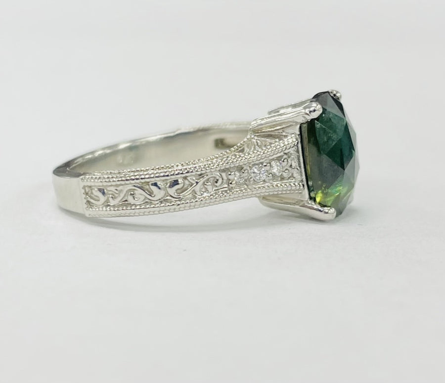 2.99CT Teal Bi-Color Sapphire And Diamond Platinum Ring