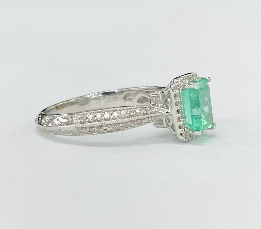 White Gold Emerald Halo Diamond Ring