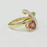 Pink And Green Trillion Tourmaline And Diamond Cocktail RIng