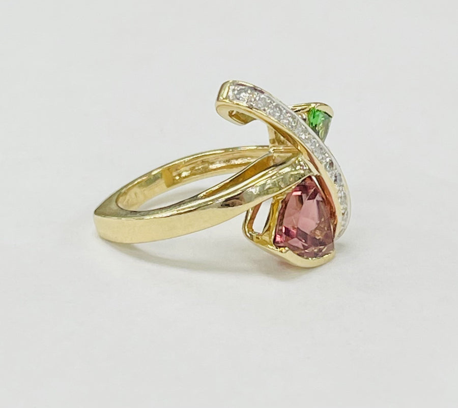 Pink And Green Trillion Tourmaline And Diamond Cocktail RIng