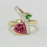 Pink And Green Trillion Tourmaline And Diamond Cocktail RIng