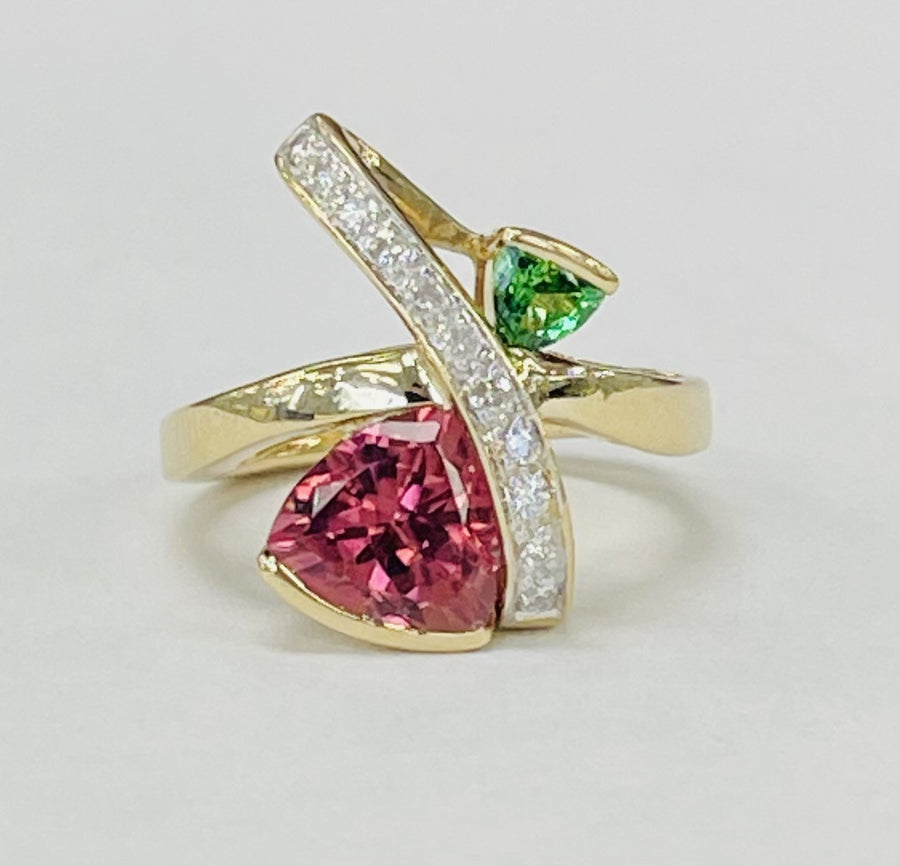 Pink And Green Trillion Tourmaline And Diamond Cocktail RIng