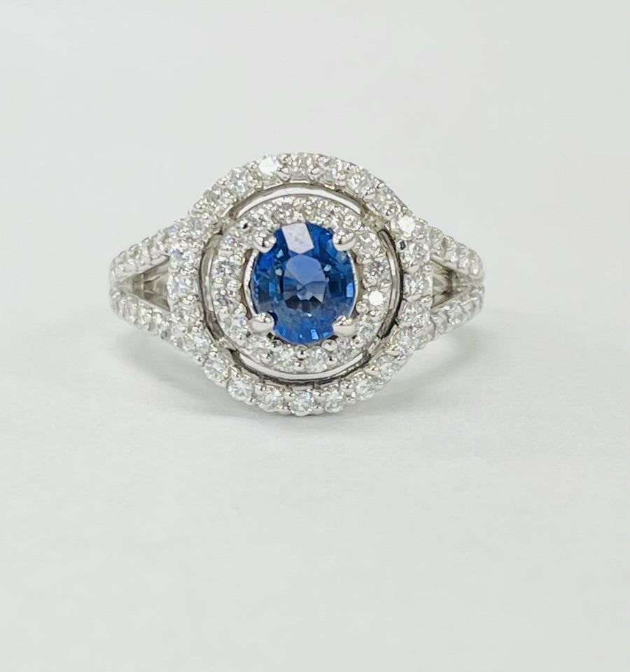 Sapphire And Diamond Double Halo Split Shank Ring