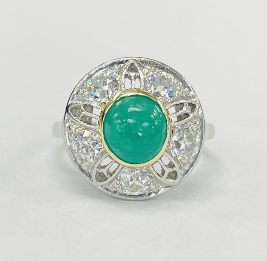 Vintage Platinum Cab Emerald And European Cut Diamonds Ring
