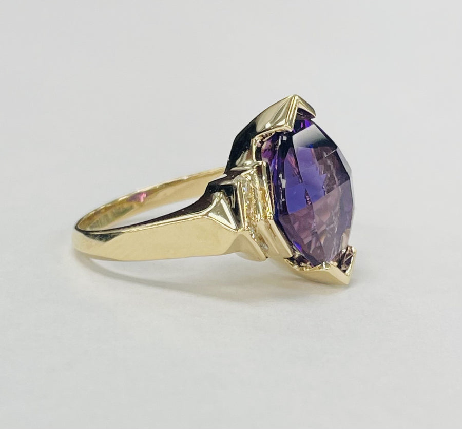 Rich Custom Cut Royal Amthyest Ring W/ Diamond Accents