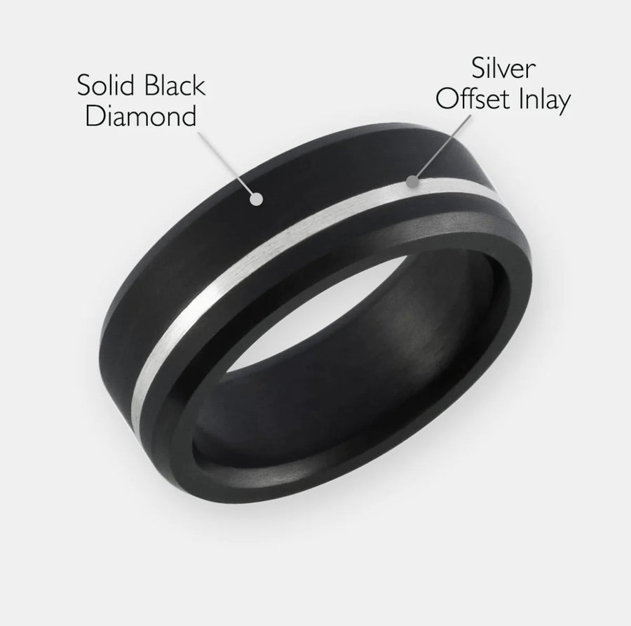 ELYSIUM ARES - SOLID BLACK DIAMOND RING - OFFSET INLAY SILVER