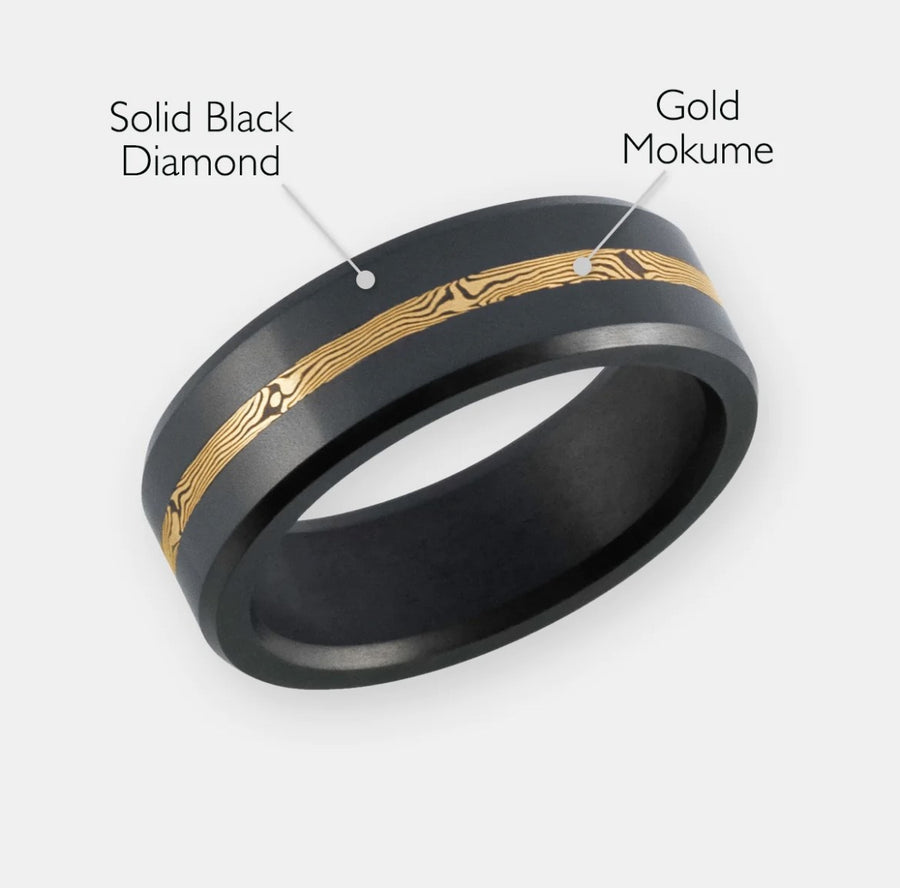 ELYSIUM ARES - SOLID BLACK DIAMOND RING - 14K GOLD MOKUME INLAY