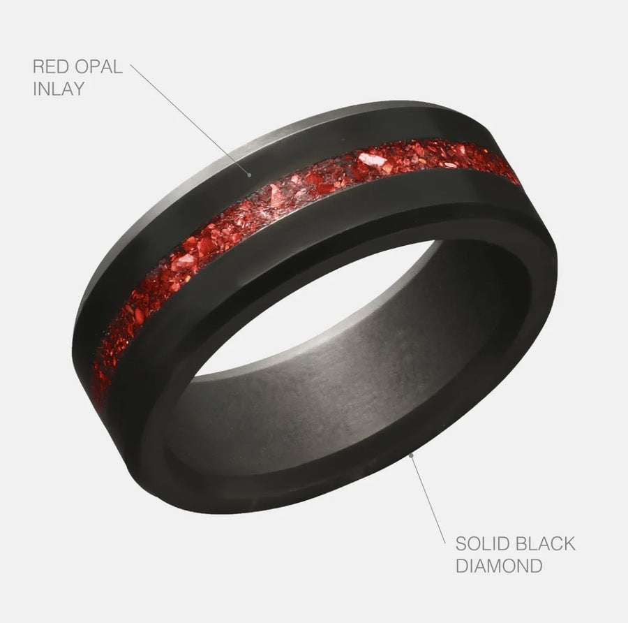 ELYSIUM ARES - SOLID BLACK DIAMOND RING - RED OPAL INLAY