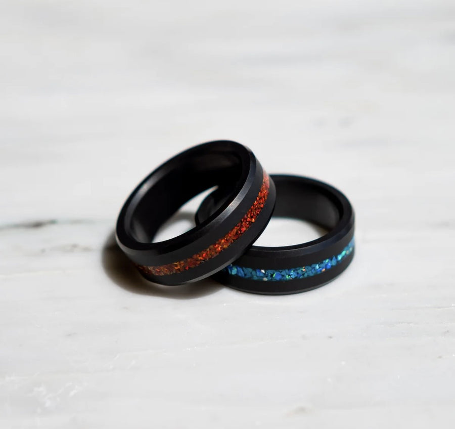 ELYSIUM ARES - SOLID BLACK DIAMOND RING - RED OPAL INLAY