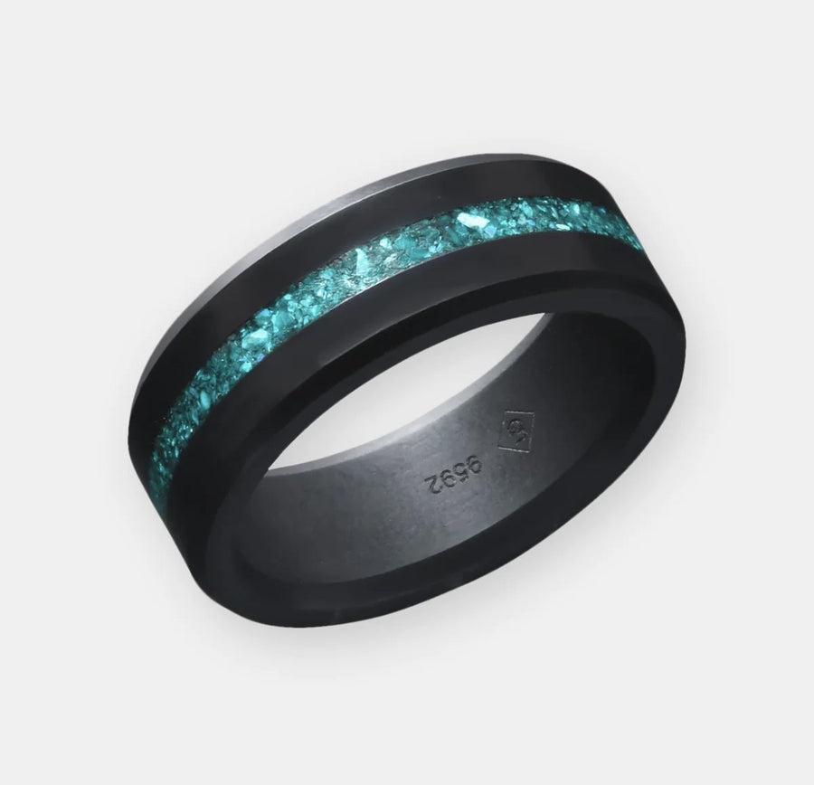 ELYSIUM ARES - SOLID BLACK DIAMOND RING - BLUE OPAL INLAY