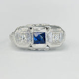 Vintage Detailed White Gold Three Stone Diamond An Lab Sapphire Ring