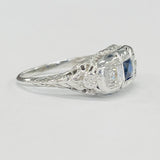 Vintage Detailed White Gold Three Stone Diamond An Lab Sapphire Ring