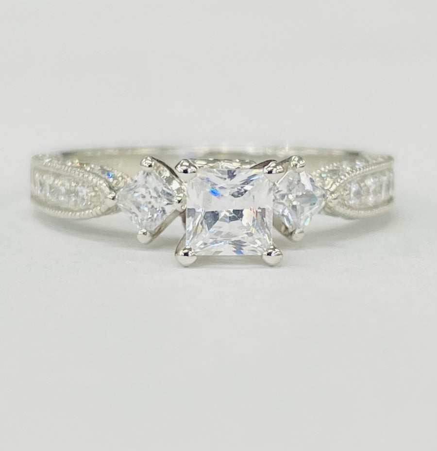 Romance - Vintage Inspired Three Stone Princess Cut Diamond Setting