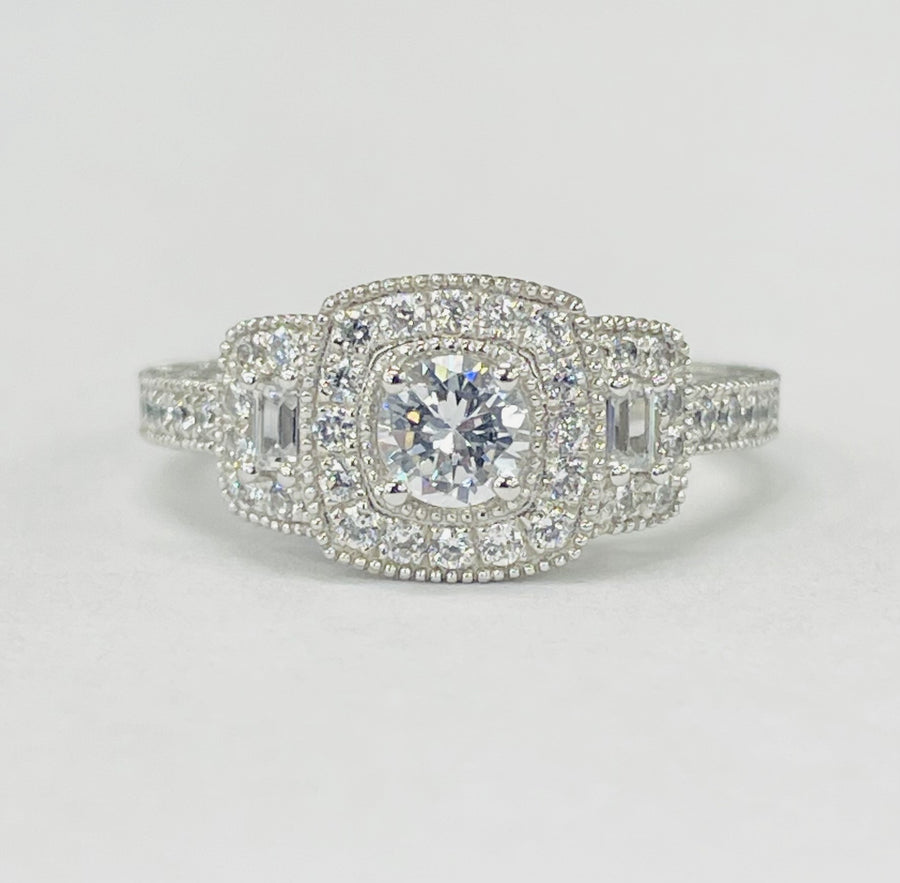 Romance - Vintage Inspired Three Stone Sqaure Halo Diamond Setting