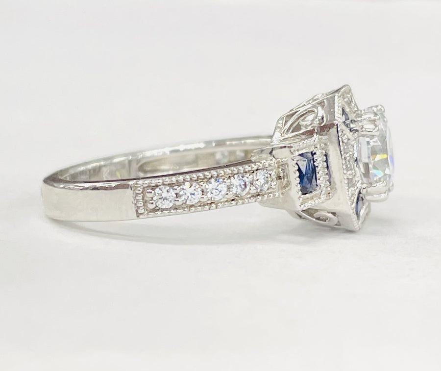 Romance - Vintage Inspired Halo Sapphire And Diamond Setting