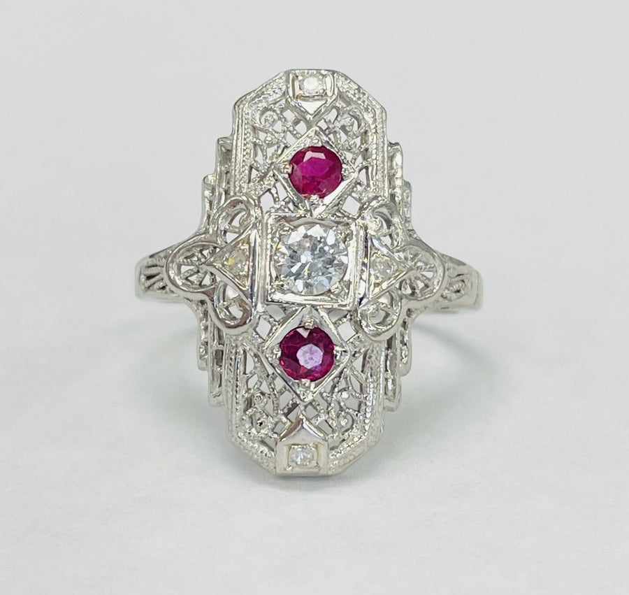 Vintage Three Stone Mine Cut Diamond And Ruby Ring