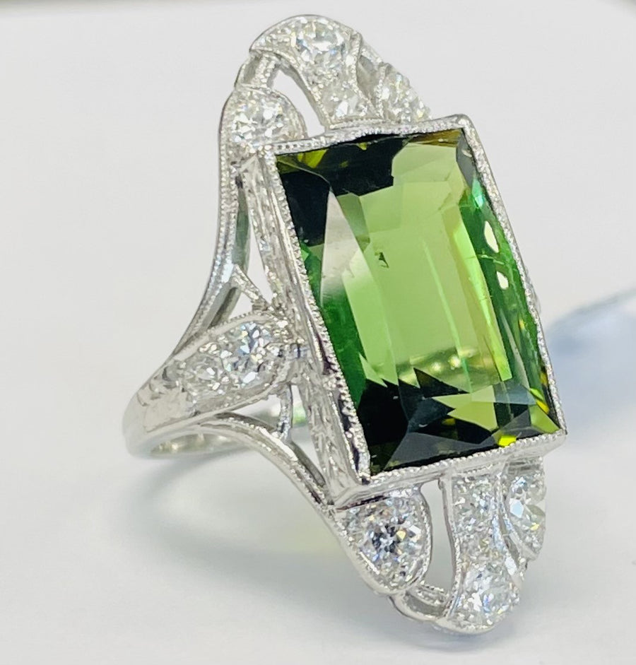 Vintage Platinum Green Tourmaline And Diamond Ring