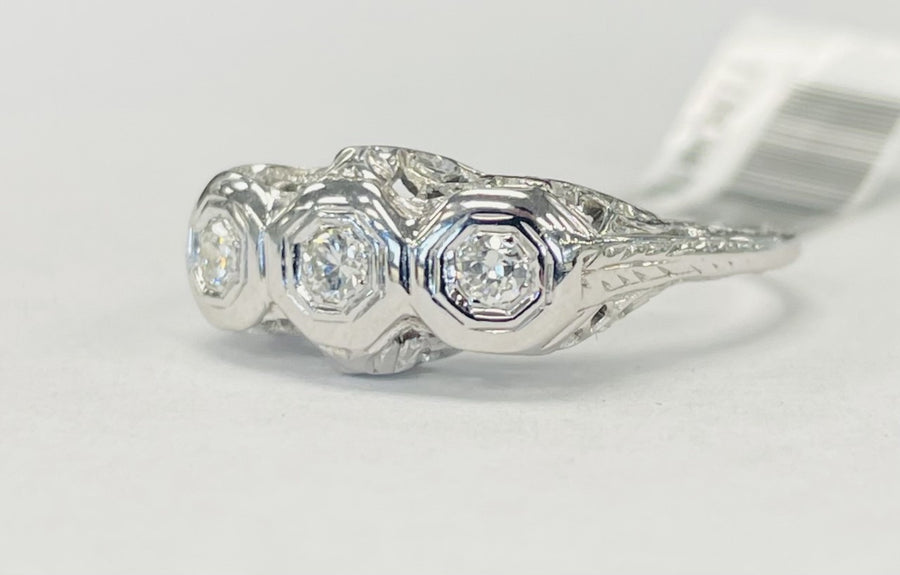 Simple Vintage Three Stone Filligree Diamond Ring