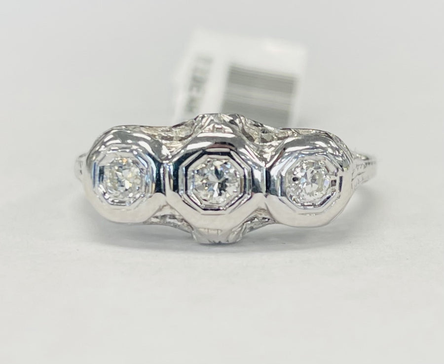 Simple Vintage Three Stone Filligree Diamond Ring