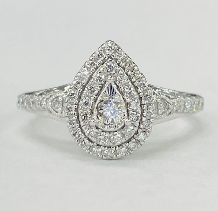 White Gold Double Halo Pear Style Ring