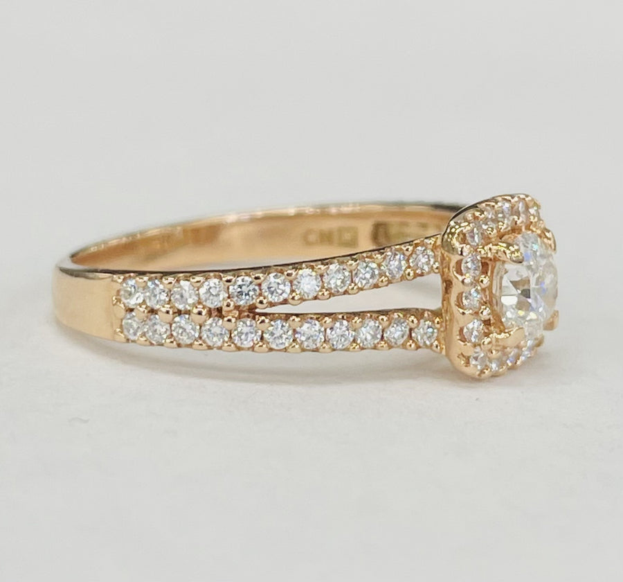 Rose Gold Halo Split Shank Diamond Ring