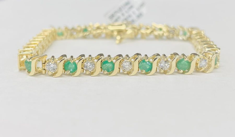 Yellow Gold "S" Link Diamond/Emerald Bracelet
