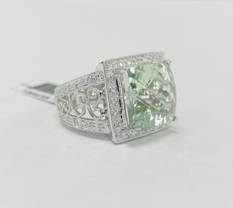 Green Amethyst And Diamond Filigree Ring