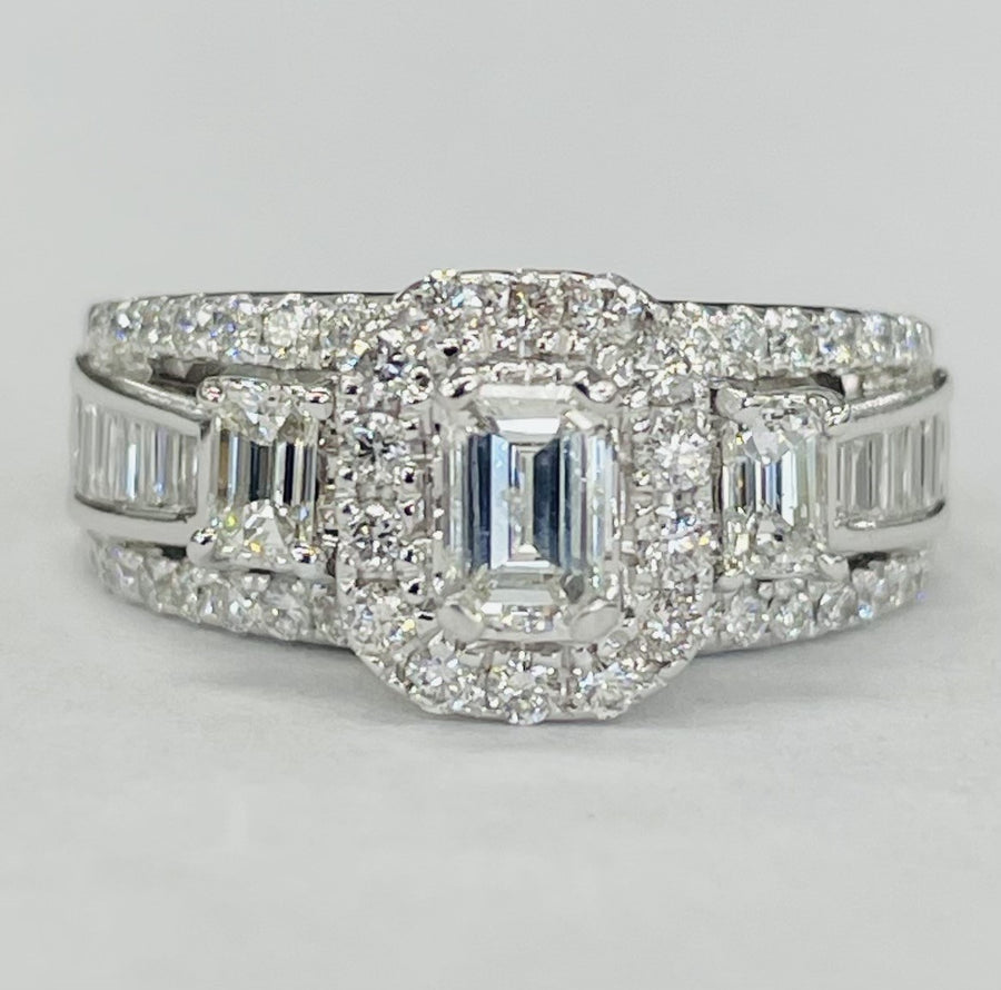 Three Stone Past Present Furture Emerald Diamond Ring