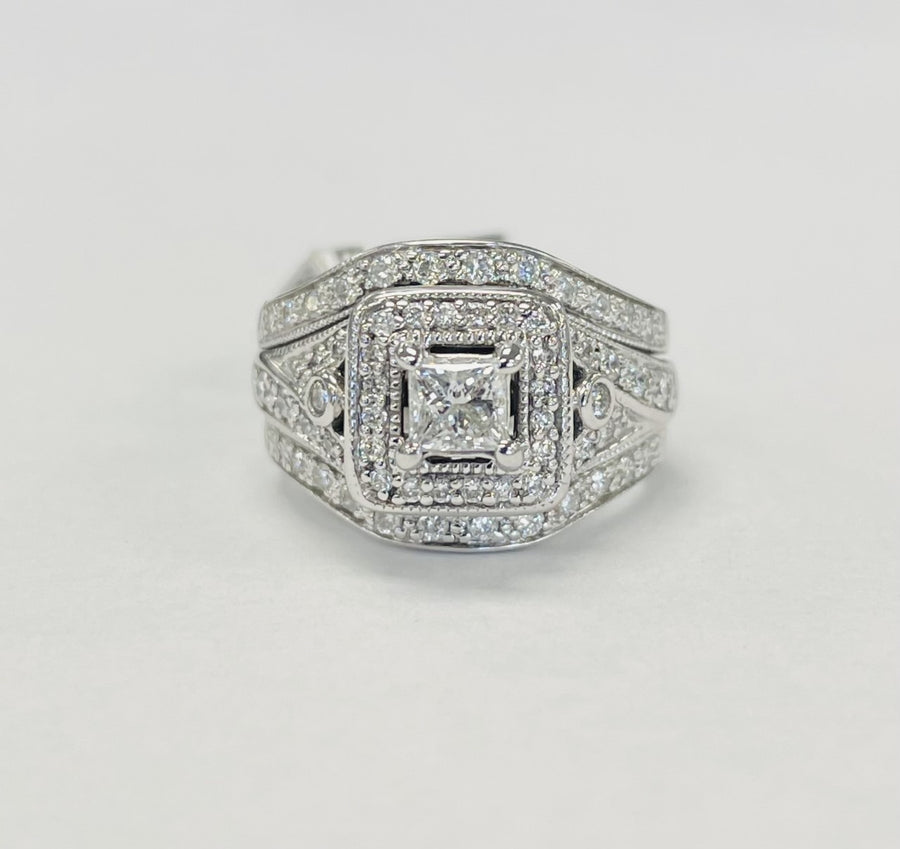 Princess Diamond White Gold Halo Engagement Ring And Wedding Bands Set