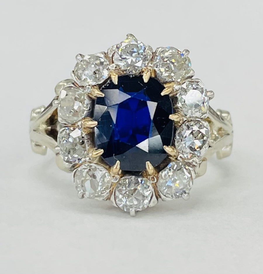 Vintage 2CT Sapphire And European Diamond Halo Ring