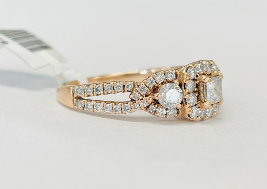 Three Stone Halo 1CTW Rose Gold Diamond Engagement Ring