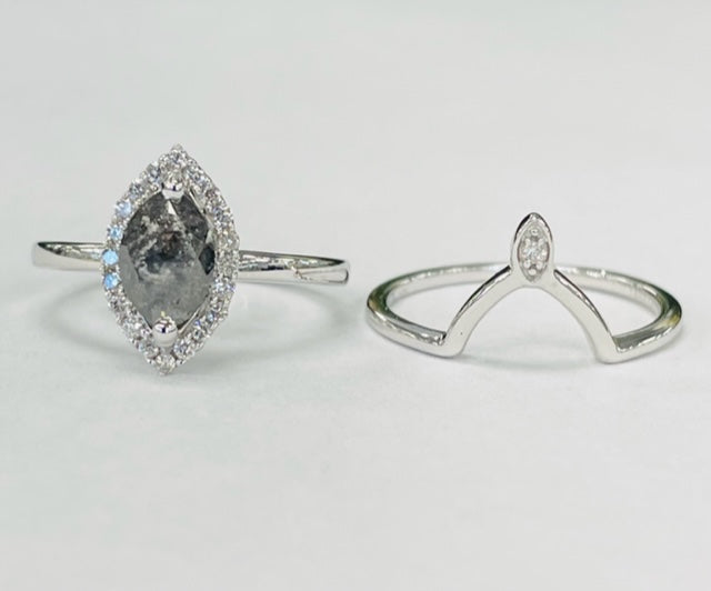White Gold Marquise Salt And Pepper Halo Wedding Set