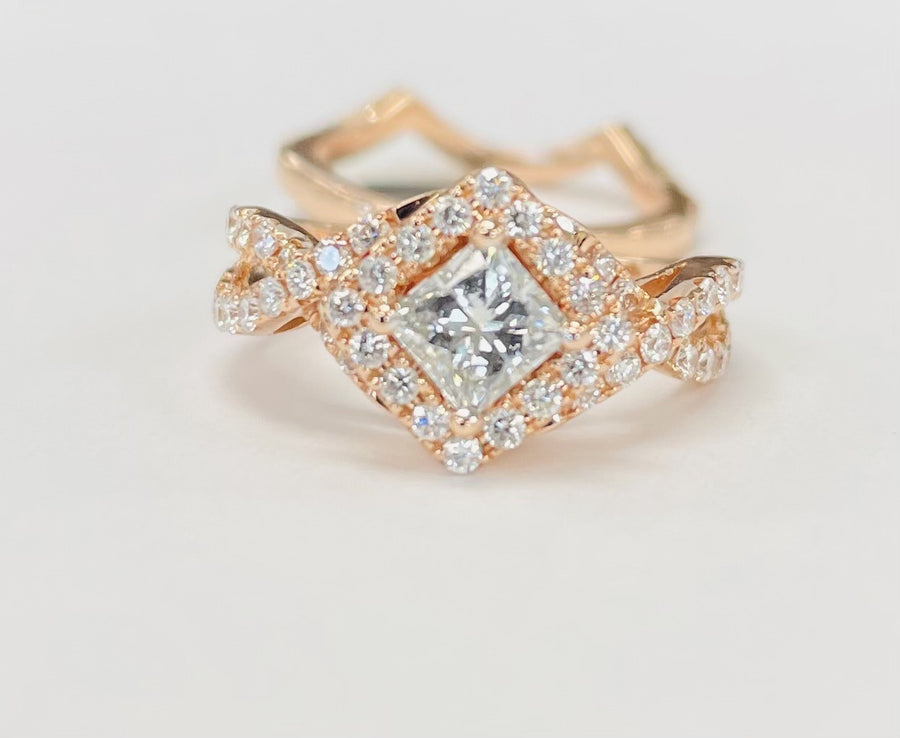 LEO Certified Diamond Halo Rose Gold Wedding Set