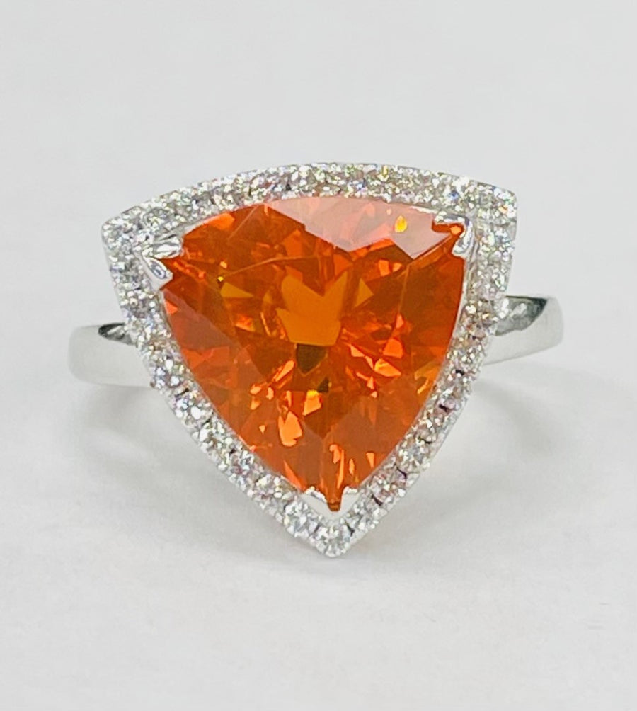 White Gold Mexican Fire Opal Diamond Halo Ring
